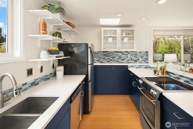 510 Lakeside Ave S Unit 10, Seattle, WA 98144 - kitchen with open shelves, a sink, appliances with stainless steel finishes, a skylight, and blue cabinets