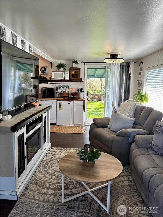 4216 N Pl, Seaview, WA 98644 - living area featuring dark wood finished floors, a wealth of natural light, and a textured ceiling