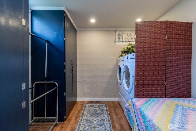 721 Main St, Waitsburg, WA 99361 - washroom featuring recessed lighting, light wood finished floors, laundry area, baseboards, and separate washer and dryer