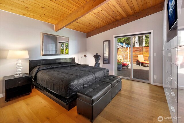 162 Sea Ranch Rd, Lopez Island, WA 98261 - bedroom featuring wooden ceiling, vaulted ceiling with beams, access to exterior, wood-type flooring, and baseboards