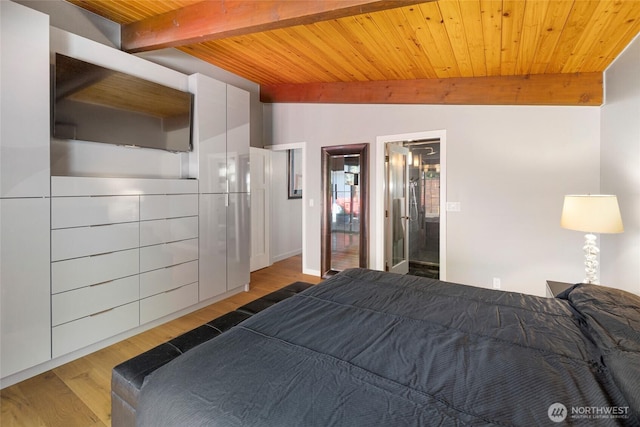 162 Sea Ranch Rd, Lopez Island, WA 98261 - bedroom featuring beamed ceiling, connected bathroom, wood finished floors, and wood ceiling