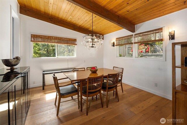 162 Sea Ranch Rd, Lopez Island, WA 98261 - dining area featuring wood ceiling, hardwood / wood-style flooring, a chandelier, lofted ceiling with beams, and baseboards