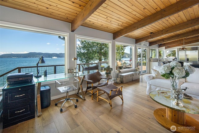 162 Sea Ranch Rd, Lopez Island, WA 98261 - sunroom / solarium with beam ceiling, a healthy amount of sunlight, a water view, and a wall mounted AC