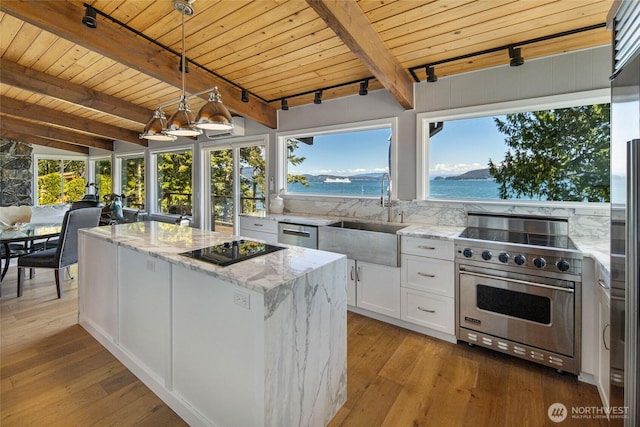 162 Sea Ranch Rd, Lopez Island, WA 98261 - kitchen featuring white cabinetry, a sink, appliances with stainless steel finishes, a center island, and wooden ceiling