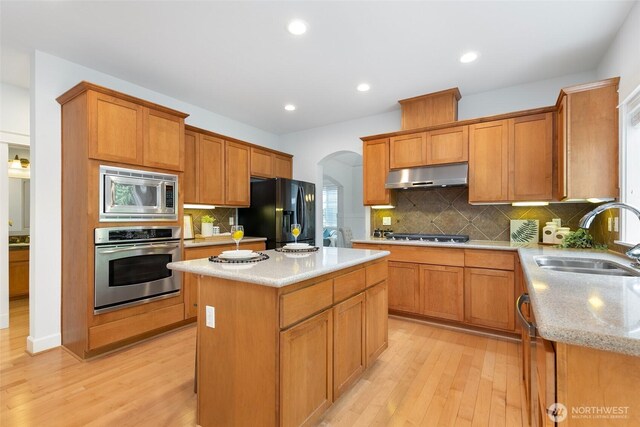 3262 NE Marquette Way, Issaquah, WA 98029 - kitchen with stainless steel appliances, a sink, under cabinet range hood, arched walkways, and light wood-style flooring