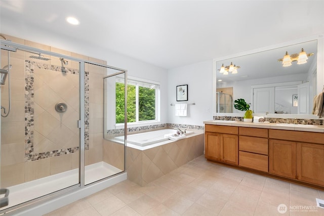 3262 NE Marquette Way, Issaquah, WA 98029 - bathroom featuring a bath, tile patterned flooring, a shower stall, and double vanity