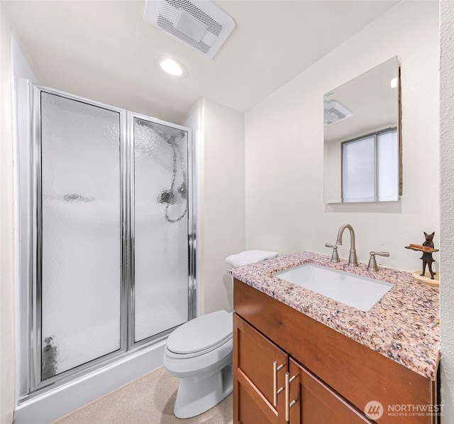 bathroom with recessed lighting, a shower stall, visible vents, toilet, and vanity