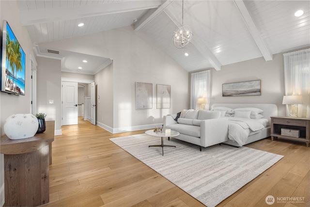 bedroom with visible vents, beam ceiling, high vaulted ceiling, baseboards, and light wood finished floors