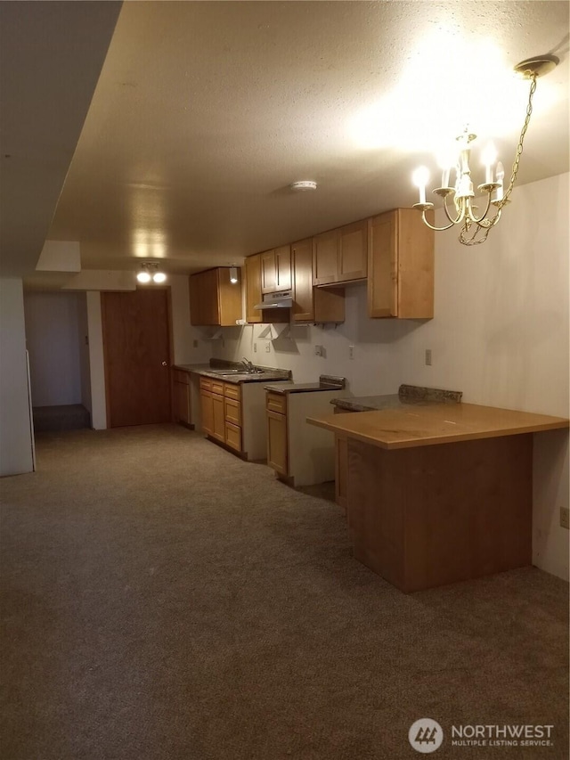 kitchen with a sink, under cabinet range hood, light colored carpet, and a chandelier