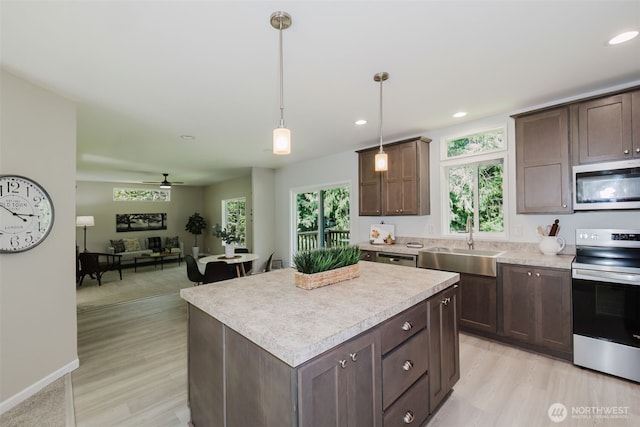 18142 NE Diamond Rd, Poulsbo, WA 98370 - kitchen featuring light wood finished floors, light countertops, dark brown cabinets, a sink, and appliances with stainless steel finishes
