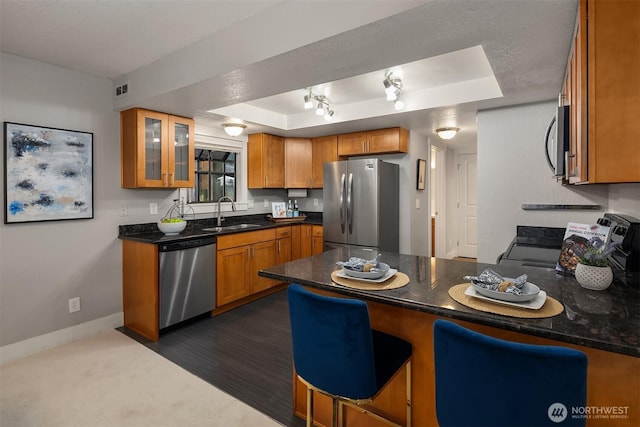 11634 100th Ave NE Unit 323, Kirkland, WA 98034 - kitchen with stainless steel appliances, a peninsula, a tray ceiling, and brown cabinets