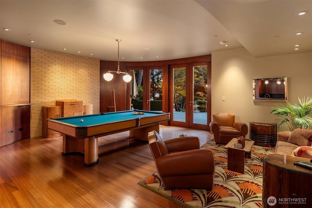 playroom featuring recessed lighting, pool table, french doors, and wood finished floors