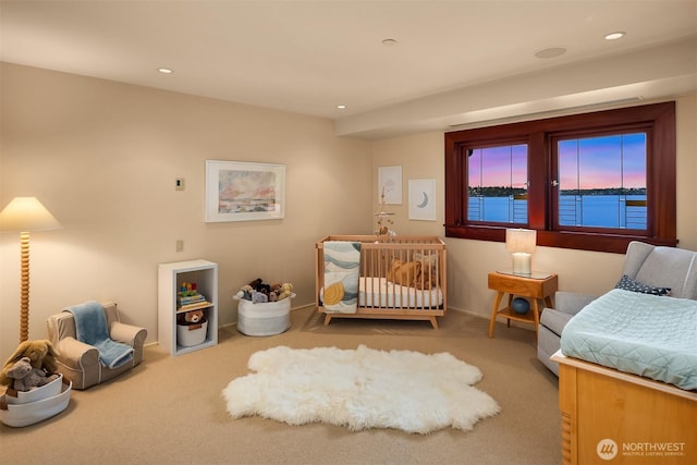 bedroom featuring recessed lighting, baseboards, and carpet floors