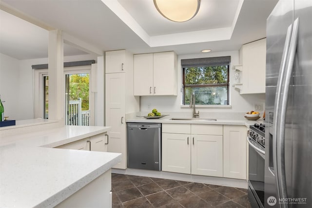 kitchen with stainless steel appliances, a sink, plenty of natural light, and light countertops