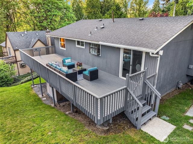 rear view of house with an outdoor living space, a wooden deck, a shingled roof, and a lawn