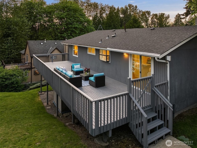 back of house featuring a wooden deck, an outdoor living space, a lawn, and a shingled roof
