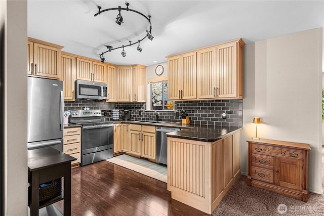 kitchen with a sink, backsplash, appliances with stainless steel finishes, and dark countertops