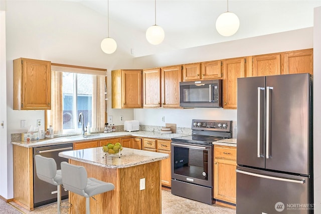 21850 SE 271st Pl, Maple Valley, WA 98038 - kitchen featuring a center island, light stone countertops, appliances with stainless steel finishes, pendant lighting, and a sink