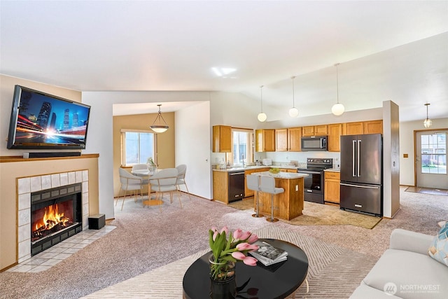 21850 SE 271st Pl, Maple Valley, WA 98038 - living area with lofted ceiling, light carpet, and a fireplace