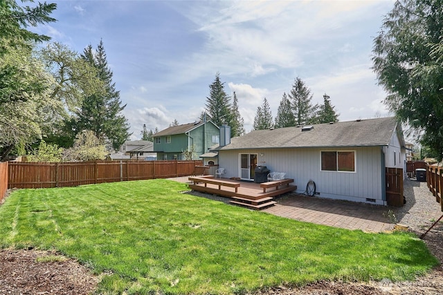 21850 SE 271st Pl, Maple Valley, WA 98038 - back of property featuring crawl space, a fenced backyard, a lawn, a patio, and a deck