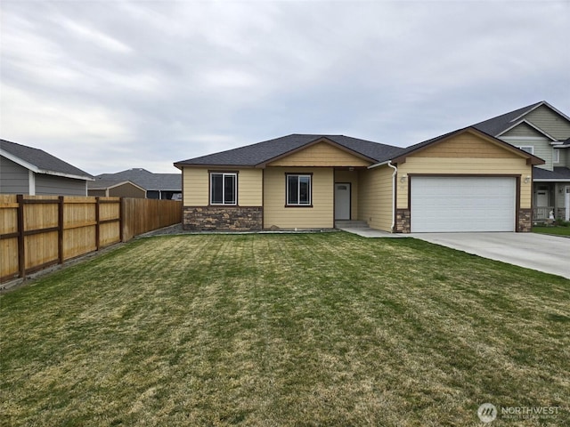 single story home with a garage, a front yard, fence, stone siding, and driveway