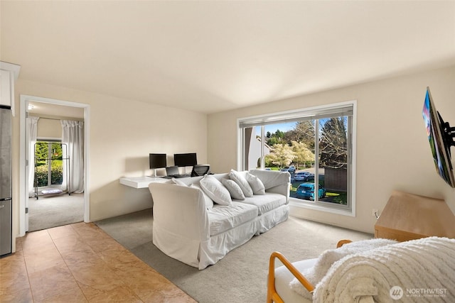 living area featuring light colored carpet