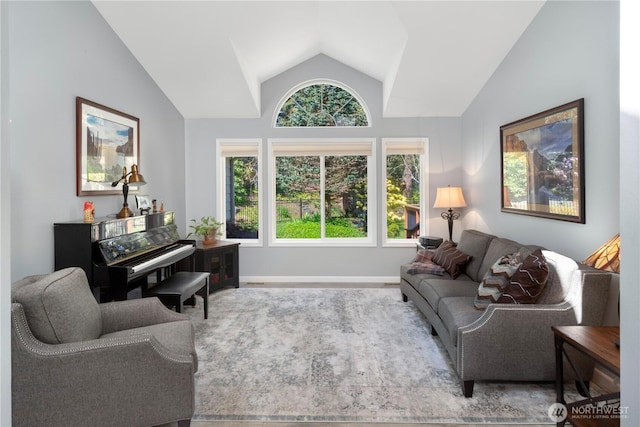 living area with lofted ceiling, plenty of natural light, and baseboards