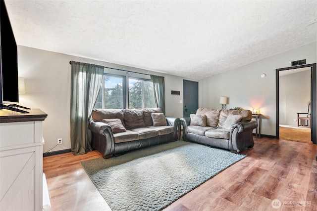 151 Deer Haven Dr, Winlock, WA 98596 - living room with wood finished floors, a textured ceiling, baseboards, and visible vents