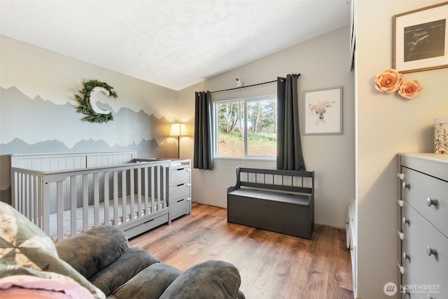 151 Deer Haven Dr, Winlock, WA 98596 - bedroom with a crib, vaulted ceiling, and wood finished floors