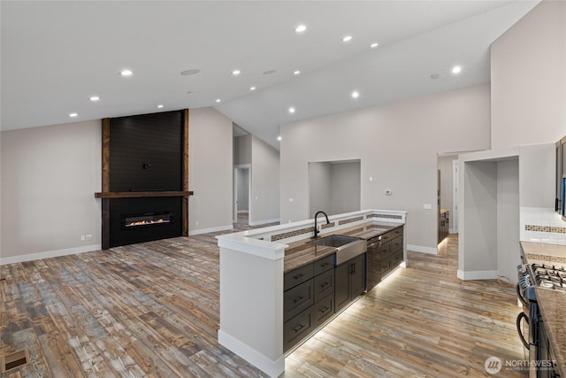 2351 Lower Green Canyon Rd, Ellensburg, WA 98926 - kitchen featuring gas range, a sink, open floor plan, a kitchen island with sink, and light wood-style floors