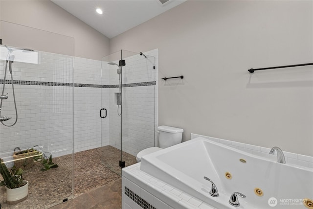 2351 Lower Green Canyon Rd, Ellensburg, WA 98926 - full bath featuring a shower stall, vaulted ceiling, toilet, and a tub with jets