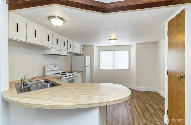 kitchen featuring white appliances, light countertops, under cabinet range hood, a sink, and wood finished floors