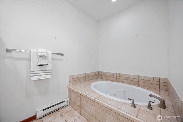 full bathroom with tile patterned floors, baseboard heating, a jetted tub, and recessed lighting