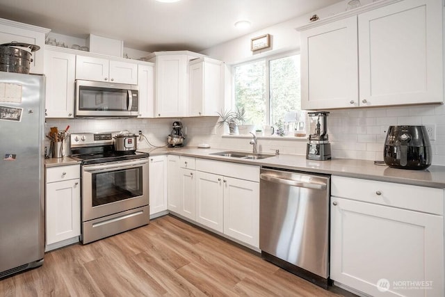 kitchen featuring white cabinetry, a sink, light wood-style flooring, appliances with stainless steel finishes, and backsplash