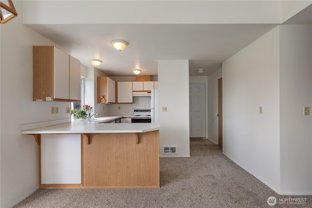 730 SE 8th Ave Unit G202, Oak Harbor, WA 98277 - kitchen with white electric range oven, a peninsula, light colored carpet, visible vents, and light countertops
