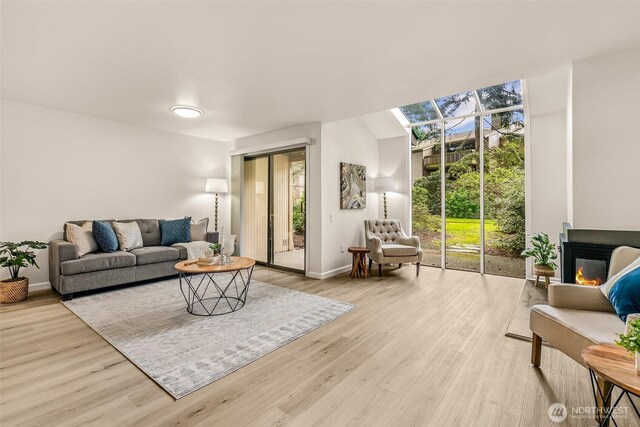 13730 15th Ave NE Unit F-103, Seattle, WA 98125 - living area with light wood finished floors, plenty of natural light, baseboards, and a skylight