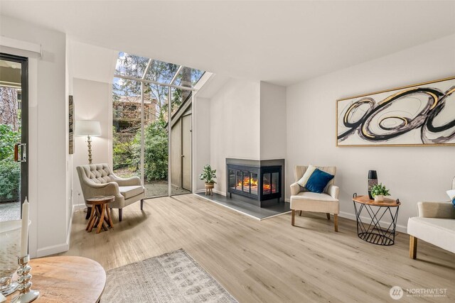 13730 15th Ave NE Unit F-103, Seattle, WA 98125 - living area featuring light wood finished floors, a multi sided fireplace, baseboards, and a skylight