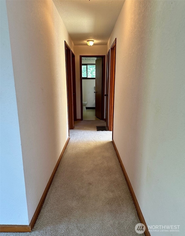 6255 Turkey Hill Rd, Clinton, WA 98236 - hall featuring light carpet, a textured wall, and baseboards