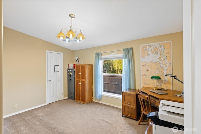 home office with light carpet, a notable chandelier, and baseboards