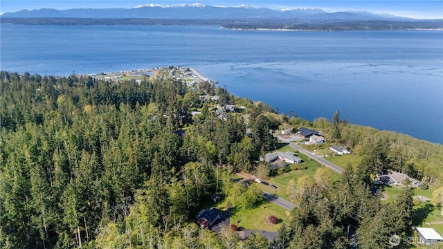 aerial view featuring a water and mountain view