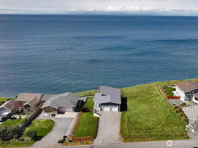 bird's eye view featuring a residential view and a water view
