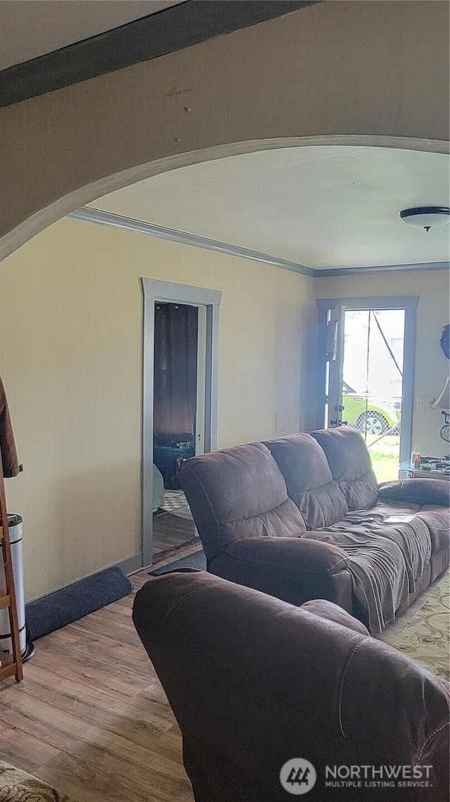 living area featuring baseboards, crown molding, and wood finished floors