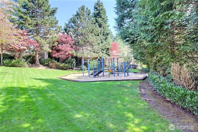 view of green lawn with a playground