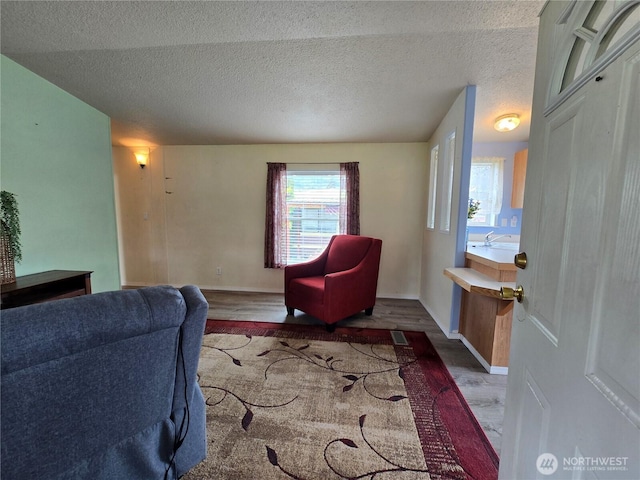 living area featuring a textured ceiling, wood finished floors, and visible vents