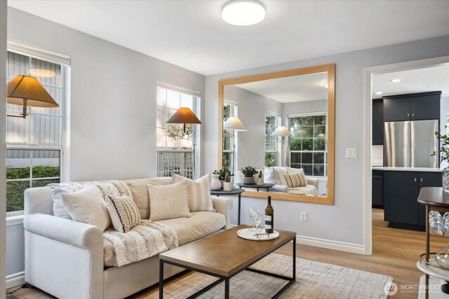 living room with baseboards and light wood-type flooring