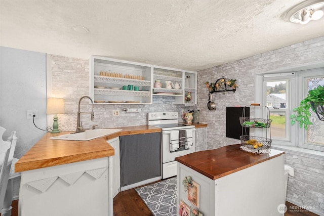 kitchen with a sink, butcher block countertops, electric stove, and a textured ceiling