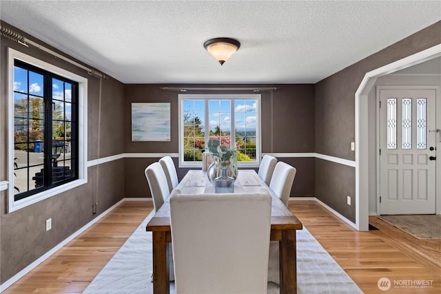 dining room with light wood-type flooring, a textured ceiling, and a wealth of natural light