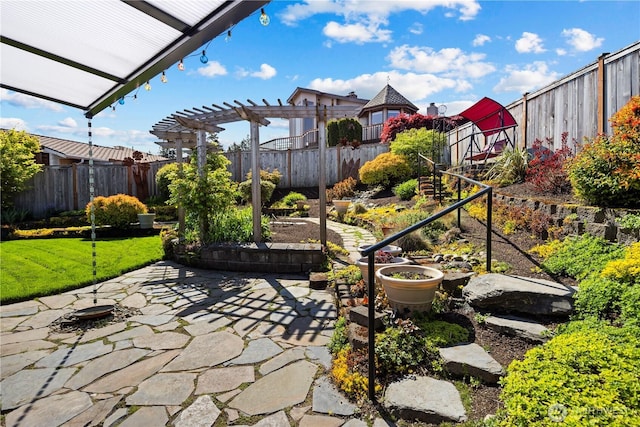 view of patio / terrace featuring a fenced backyard and a pergola