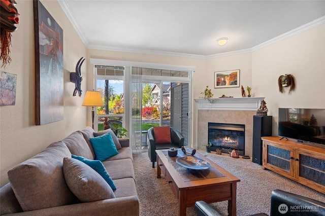 carpeted living area featuring ornamental molding and a fireplace