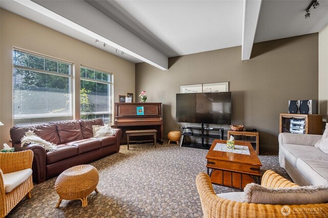 living area with carpet floors and beamed ceiling